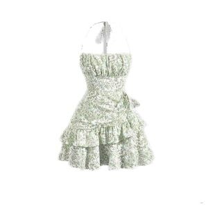 FREE SHIPPING!! Floral Print Ruched Ruffle Backless Green Floral Summer Dress